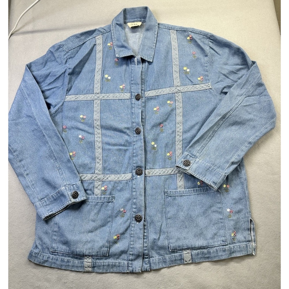 Teddi Women's XL Denim Button Shirt Floral Embroidered Vintage Pockets